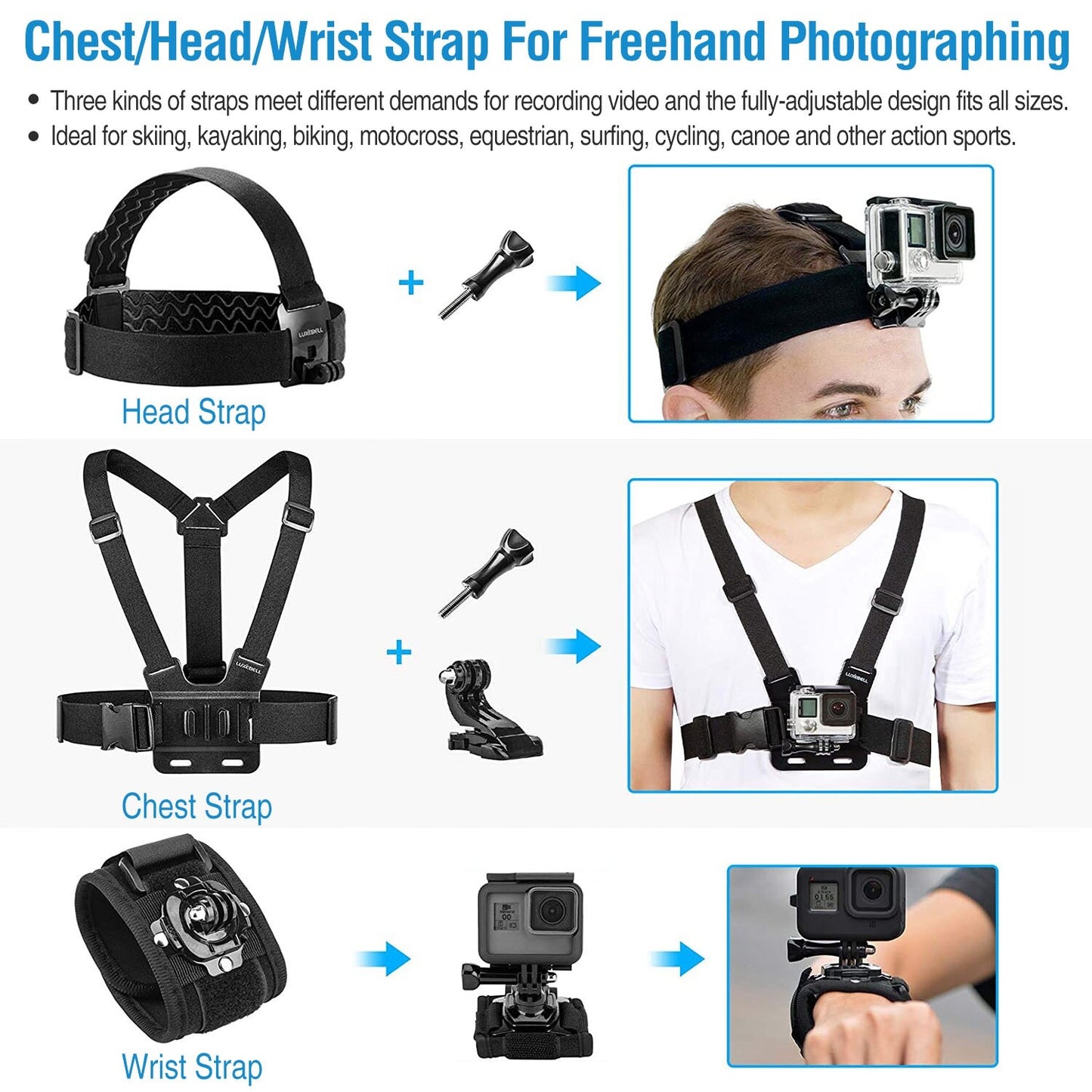 26In1 Head Chest Mount Monopod Accessories Kit Fit for Gopro Hero 1 2 3 4 5